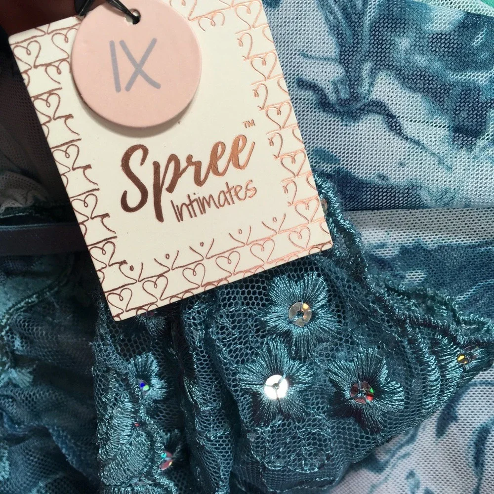NEW Spree Intimates Teal Blue Marble Mesh Floral Lace‎ Babydoll Lingerie Set 1X